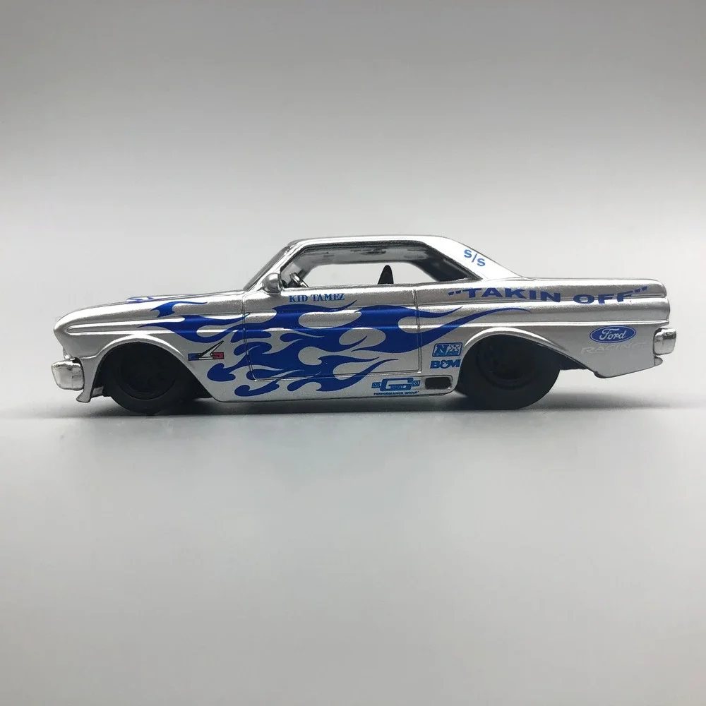 Jada 1964 Ford Falcon Car Blue &‎ Silver Flames Diecast Rubber Racing Tires 1/64